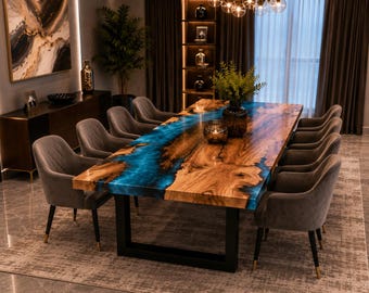 Live Edge Blue Walnut Epoxy Dining Table, Handmade River Resin Wood Table, Custom Luxury Dining Furniture, Modern Home Decor Blue Epoxy Rive