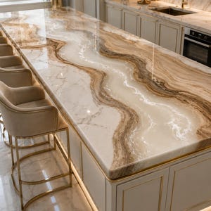 Custom White Epoxy River Kitchen Countertop, Handmade Wood & Resin Countertop, Modern Luxury Kitchen Island Top, Bespoke Furniture
