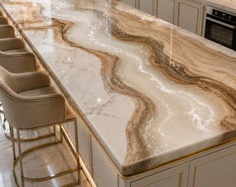 Custom White Epoxy River Kitchen Countertop, Handmade Wood & Resin Countertop, Modern Luxury Kitchen Island Top, Bespoke Furniture