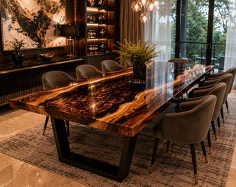 Live Edge Walnut Epoxy River Dining Table | Handmade Solid Wood Resin Table | Custom Luxury Dining Furniture Handmade Live Edge Walnut River