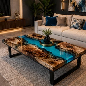 Handmade Blue Epoxy Resin Wood Table Top – Live Edge Solid Wood River Table Top, Custom Luxury Furniture Blue River Epoxy Wood Table Top –