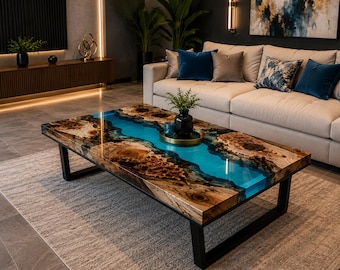 Handmade Blue Epoxy Resin Wood Table Top – Live Edge Solid Wood River Table Top, Custom Luxury Furniture Blue River Epoxy Wood Table Top –