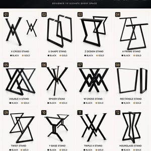 May include: A catalog of twelve black metal furniture stands labeled Innovation Craf Studio. Designs include X cross, U shape, Z design, A frame, double X, spider, W cross, rectangle, twist, Y base, triple X, and hourglass styles with black and gold options.
