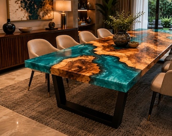 Handmade Olive Wood Epoxy Resin Dining Table | Live Edge River Table | Custom Luxury Dining Furniture Live Edge Olive Wood Epoxy Dining Tabl