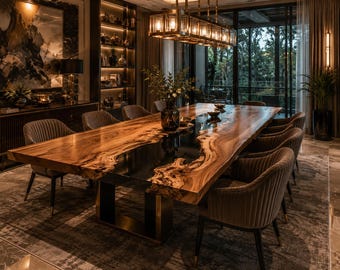 Walnut Epoxy River Dining Table | Handmade Live Edge Wood Resin Table | Custom Luxury Dining Furniture Live Edge Walnut Epoxy River Table