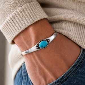 Pulsera de puño turquesa para hombre, pulsera bohemia, regalo para hombre, pulsera de puño turquesa de plata de ley para hombre, regalo de San Valentín para ella.