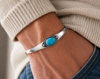 Men's Cuff Turquoise Bracelet Boho Bracelet Gift for Men's Sterling Silver Turquoise Cuff Bracelet For Men's Valentine Gift for Her