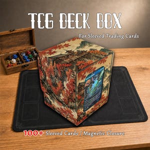 May include: A TCG deck box featuring a Japanese-style landscape print with red maple leaves and a temple. The box has a clear window displaying a trading card, a magnetic closure, and holds 100+ sleeved cards. Text reads TCG DECK BOX.