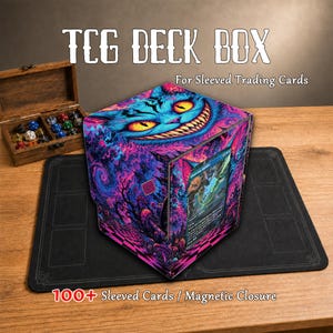 May include: A TCG deck box featuring a vibrant, psychedelic cat illustration with yellow eyes and a wide grin. The box displays a trading card in a clear front window, with text reading TCG DECK BOX, For Sleeved Trading Cards, and 100+ Sleeved Cards / Magnetic Closure.