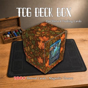 May include: A TCG deck box with a brown autumn leaf pattern, featuring a clear front window displaying a trading card. The box includes a magnetic closure and holds 100+ sleeved cards. Text on the image reads TCG DECK BOX, For Sleeved Trading Cards, and 100+ Sleeved Cards / Magnetic Closure.