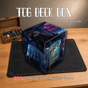 May include: A TCG deck box for sleeved trading cards featuring a dark, sci-fi illustration of a raccoon character. The box has a magnetic closure and holds 100+ sleeved cards. Text on the image reads TCG DECK BOX, For Sleeved Trading Cards, 100+.