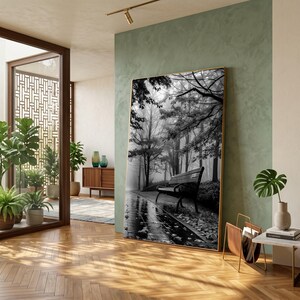 Misty Forest Pathway, Empty Park Bench Canvas, Black and White Nature Wall Art, Serene Outdoor Scene, Calm Forest Decor
