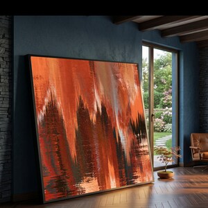 Abstracte wanddecoratie op canvas in warme aardetinten, modern schilderij met verticale lijnen, rustieke woondecoratie, eigentijds canvas in oranje en bruin.