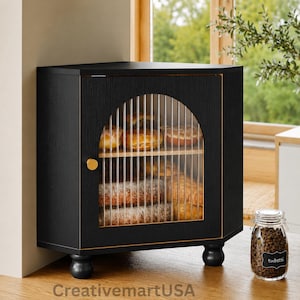 Corner Wooden Bread Box, 16-Inch Triangular Storage with Glass Window
