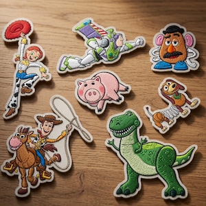 Può includere: Una collezione di sette toppe ricamate raffiguranti personaggi di Toy Story, tra cui Jessie con un cappello rosso, Buzz Lightyear in volo, Mr. Potato Head, il maialino Hamm, Slinky Dog, Woody a cavallo di Bullseye e Rex il dinosauro verde.