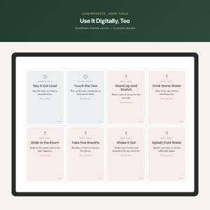 May include: A digital display featuring eight rectangular cards with instructions for ADHD management. The text includes titles like Say It Out Loud, Touch the Tool, Stand Up and Stretch, Drink Some Water, Walk to the Room, Take Five Breaths, Shake It Out, and Splash Cold Water.