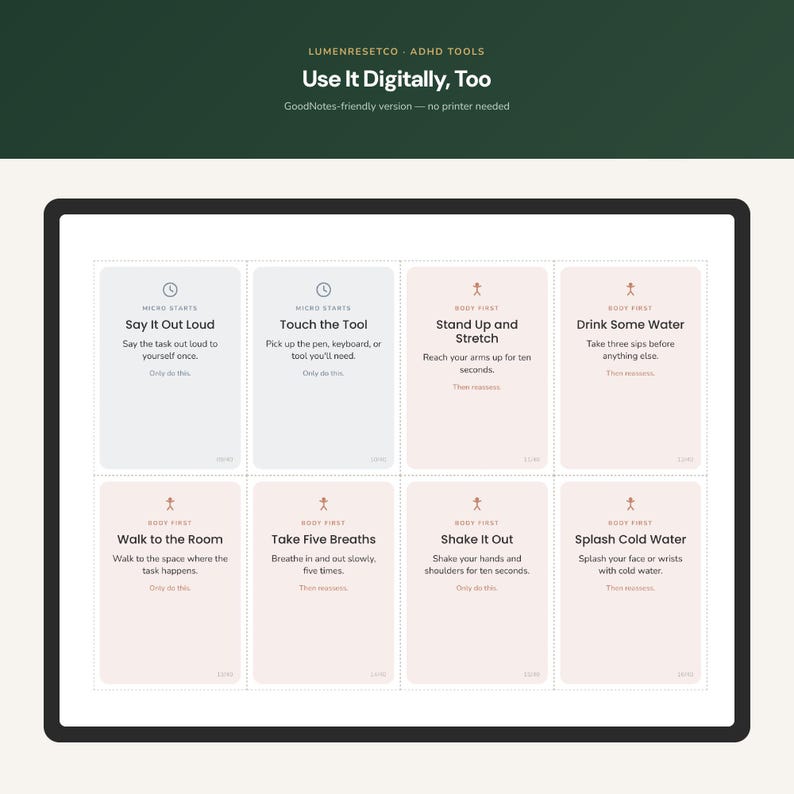 May include: A digital display featuring eight rectangular cards with instructions for ADHD management. The text includes titles like Say It Out Loud, Touch the Tool, Stand Up and Stretch, Drink Some Water, Walk to the Room, Take Five Breaths, Shake It Out, and Splash Cold Water.