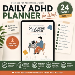 Könnte beinhalten: Ein digitaler täglicher ADHD-Planer für die Arbeit auf einem Tablet-Bildschirm. Die Benutzeroberfläche zeigt eine Person am Schreibtisch mit Laptop sowie Text mit Angaben zu 24 Seiten, undatierten Layouts und Funktionen wie einem Energie-Tracker.