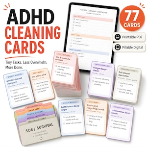 Tarjetas de limpieza para TDAH, juego de tareas para estimular la dopamina en cerebros sobrecargados, sistema de tareas para la función ejecutiva, PDF imprimible + lista de verificación digital rellenable