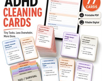 ADHD Cleaning Cards, Dopamine Task Deck for Overwhelmed Brains, Executive Function Chore System, Printable PDF + Fillable Digital Checklist