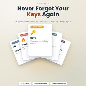 May include: A set of 45 exit-routine task cards titled Never Forget Your Keys Again. The cards feature icons and text for daily tasks like checking the stove and keys. The design includes color-coded labels for categories like Daily Essentials.