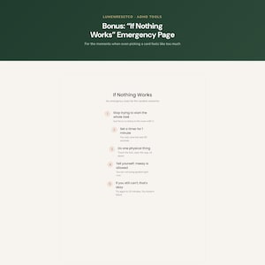 May include: A digital document titled Bonus: If Nothing Works Emergency Page by Lumenresetco ADHD Tools. The page lists five steps for an emergency reset, including stopping task attempts, setting a one-minute timer, and accepting messy results.