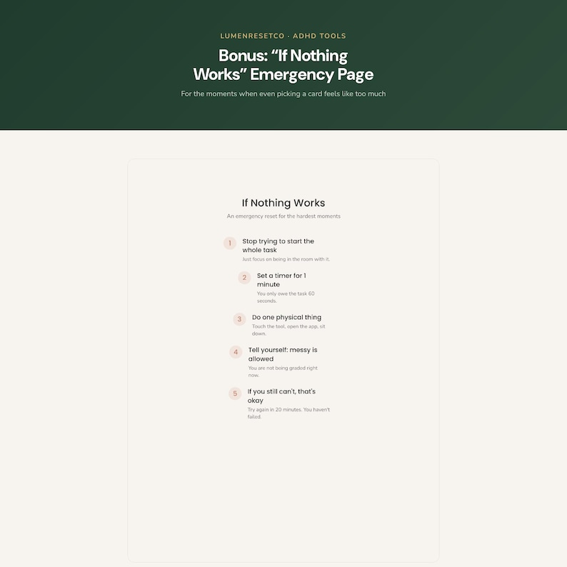 May include: A digital document titled Bonus: If Nothing Works Emergency Page by Lumenresetco ADHD Tools. The page lists five steps for an emergency reset, including stopping task attempts, setting a one-minute timer, and accepting messy results.