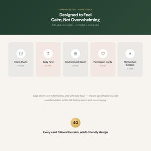 May include: A set of 40 cards organised into five categories: Micro Starts, Body First, Environment Reset, Permission Cards, and Momentum Builders. The design features a soft colour palette with text stating, Designed to Feel Calm, Not Overwhelming.