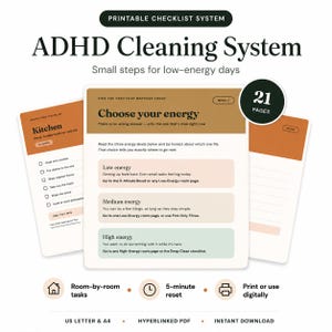 Op de afbeelding: Een printbaar ADHD-schoonmaaksysteem met 21 pagina's. Het document heeft een bruine koptekst met de titel Choose your energy, met secties voor lage, gemiddelde en hoge energieniveaus. Inclusief een keukentakenlijst en notitiepagina's.