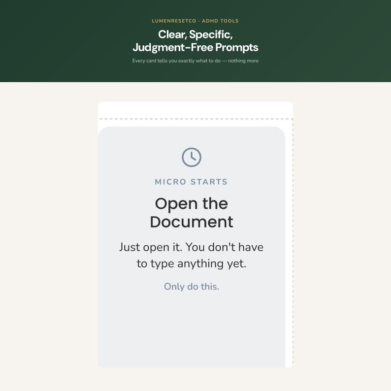 May include: A rectangular card with a light grey background featuring the text 'MICRO STARTS' above 'Open the Document' and 'Just open it. You don't have to type anything yet. Only do this.' with a clock icon at the top centre of the card.
