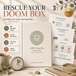 May include: A digital ADHD Doom Box Rescue Kit featuring a white binder with a green circle icon, 36 printable pages, a decision flowchart, sorting cards, and a progress tracker. Includes a green analog timer, a pen, and gold paper clips.