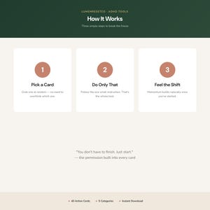 May include: A digital infographic titled How It Works by LumenResetCo ADHD Tools. It outlines three steps: 1. Pick a Card, 2. Do Only That, and 3. Feel the Shift. Below is the text: You don't have to finish. Just start. 40 Action Cards, 5 Categories.