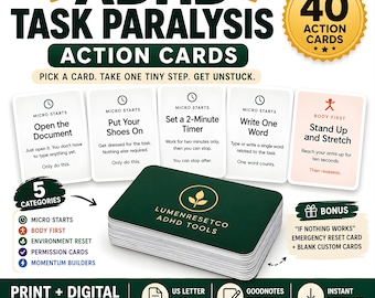 ADHD Task Paralysis Action Cards | Task Initiation Deck | Executive Function | Printable PDF | Digital Download