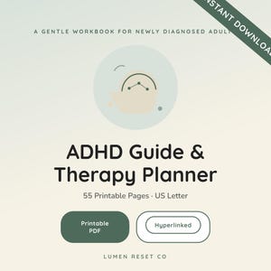 Guía sobre TDAH para adultos, planificador de terapia imprimible, cuaderno de trabajo para personas recién diagnosticadas, PDF sobre funciones ejecutivas, autoayuda.