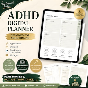 ADHD Adult Planner 2026 GoodNotes Digital Daily Planner Undated Hyperlinked, Brain Dump Priority Tasks Dopamine Menu, iPad PDF