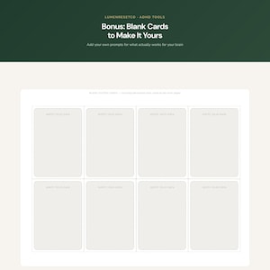 May include: A printable sheet featuring eight blank rectangular cards with dashed borders, each labelled with the text 'WRITE YOUR OWN'. The header reads 'LUMENRESETCO ADHD TOOLS Bonus: Blank Cards to Make It Yours' with a sub-header below.
