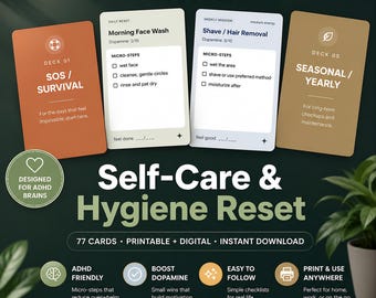 ADHD Self-Care Cards, Dopamine Task Deck for Overwhelmed Brains, Executive Function Hygiene System, Printable PDF + Digital Checklist