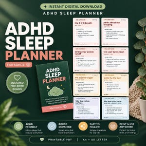 Pode incluir: Um conjunto de planejador de sono digital para TDAH com uma capa verde escura, uma ilustração de nuvem e texto. Inclui oito cartões individuais com listas de verificação para rotinas de sono, como a respiração 4-7-8.