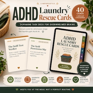 ADHD-tvätträddningskort | Uppgiftslek för exekutiv dysfunktion | Utskrivbar PDF + GoodNotes digital nedladdning