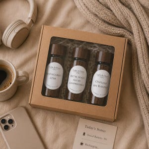Op de afbeelding: Een bruine kartonnen geschenkdoos met drie glazen potten met donkerhouten deksels en witte ovale etiketten. De etiketten bevatten de tekst Calm & Chaos, met Duitse zinnen waaronder Sozialakku leer, Bitte noch nicht ansprechen en Offline bis Kaffee.