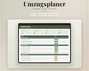 Planificador de mudanzas en Excel | Lista de verificación, presupuesto y cuenta regresiva | Cambios de dirección e inventario de cajas | Plantilla (alemán)