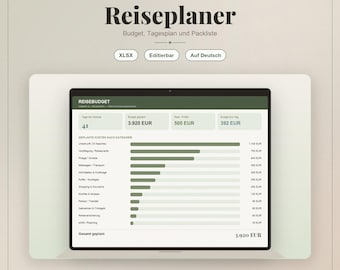 Pianificatore di viaggi in Excel | Budget di viaggio, itinerario giornaliero, lista per la valigia e conto alla rovescia | Pianificatore di vacanze in tedesco