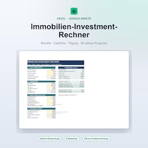 May include: A digital real estate investment calculator spreadsheet for Excel and Google Sheets. The interface displays financial data including purchase costs, financing, rental income, and tax assumptions with a 30-year projection summary.