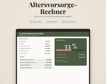 Calculadora de poupança para a reforma (Excel e Google Sheets) | Calcular a diferença entre o valor da sua pensão e o valor necessário | Requisitos de capital e taxa de poupança necessária | Modelo de planeamento de pensões (Alemão)