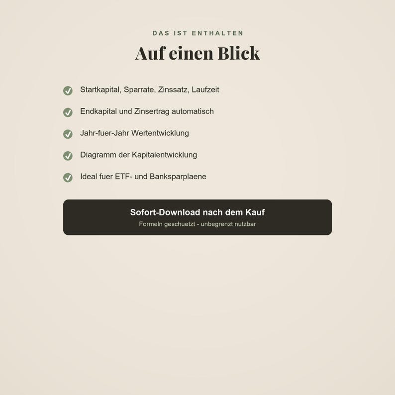 Pu&ograve; includere: Un grafico informativo digitale con il titolo DAS IST ENTHALTEN Auf einen Blick. Elenca caratteristiche tra cui Startkapital, Sparrate, Zinssatz, Laufzeit, Endkapital und Zinsertrag automatisch, Jahr-fuer-Jahr Wertentwicklung, Diagramm der Kapitalentwicklung, Ideal fuer ETF- und Banksparplaene, e un pulsante con l'etichetta Sofort-Download nach dem Kauf Formeln geschuetzt - unbegrenzt nutzbar.
