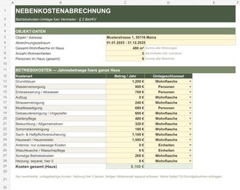 Calcolo delle bollette delle utenze in Excel per i proprietari di immobili | Calcola i costi operativi in ​​base alla chiave di ripartizione | Strumento di calcolo in tedesco