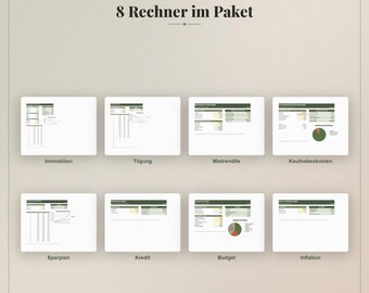 Pacote de Calculadoras Financeiras | 8 Calculadoras em um Único Arquivo Excel | Imóveis, Pagamento de Empréstimos, Plano de Poupança, Orçamento e Juros Compostos | Alemão