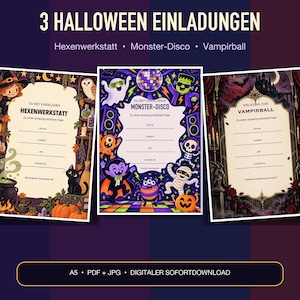 May include: Three rectangular Halloween invitation templates featuring themed illustrations. The first shows a witch and cat, the second a monster disco with a mirror ball, and the third a gothic vampire ball. Each includes blank lines for event details.