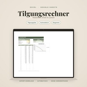 Puede incluir: Una plantilla digital de calculadora de amortizaci&oacute;n de pr&eacute;stamos para Excel y Google Sheets en una pantalla. La interfaz muestra el texto Tilgungsrechner, Restschuld, Zinsen & Laufzeit, Tilgungsplan, Automatisch y Diagramm, con una tabla y un gr&aacute;fico.