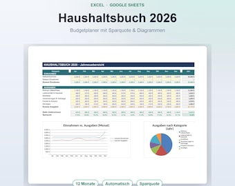 Bilancio familiare 2026 in Excel e Fogli Google | Pianificatore di bilancio automatico (tedesco) | Entrate, uscite, tasso di risparmio | Modello di pianificazione finanziaria
